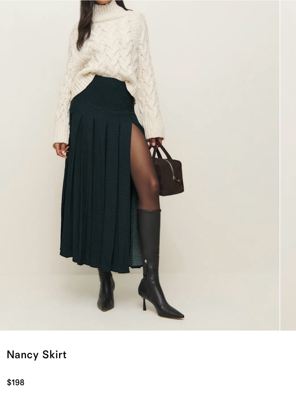 Reformation Nancy Skirt — Dark Green Pleated Maxi with High Side Slit